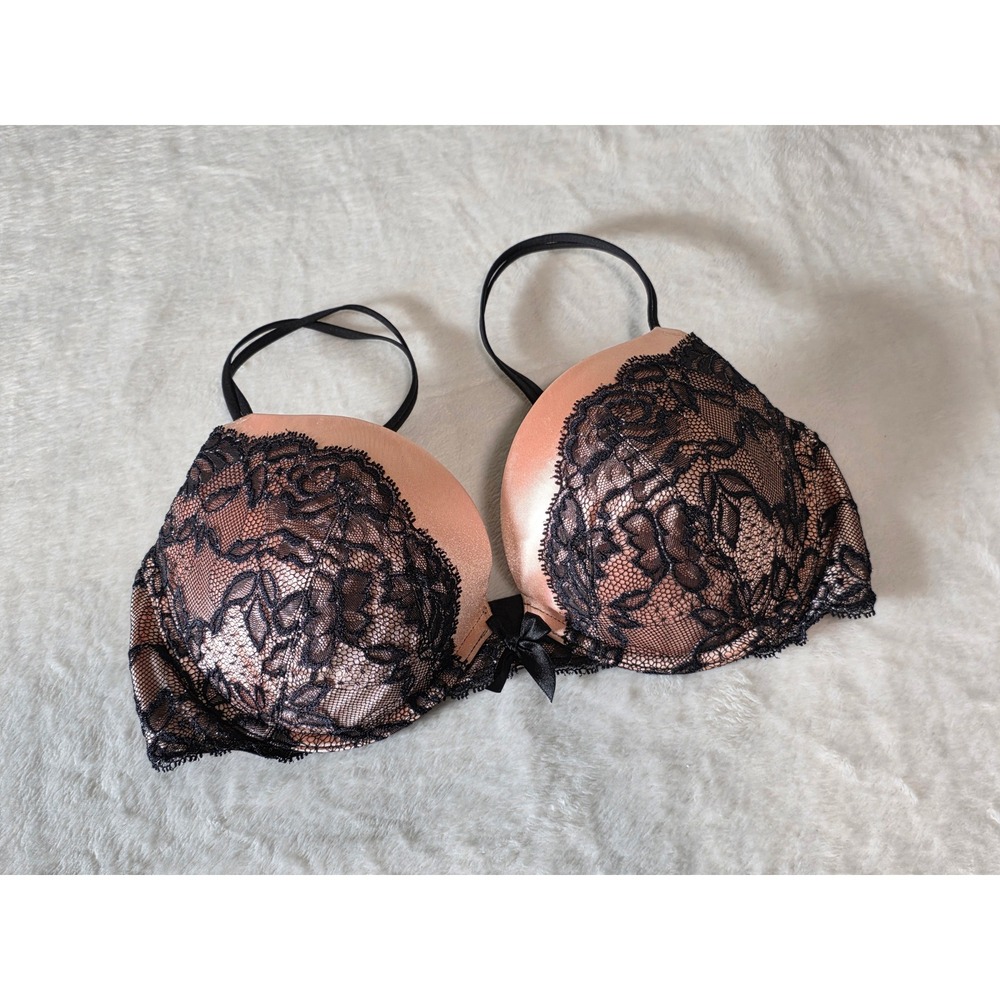 Victorias Secret Very Sexy Plunge Bra 36D Rose Pink Black Floral Lace Underwire